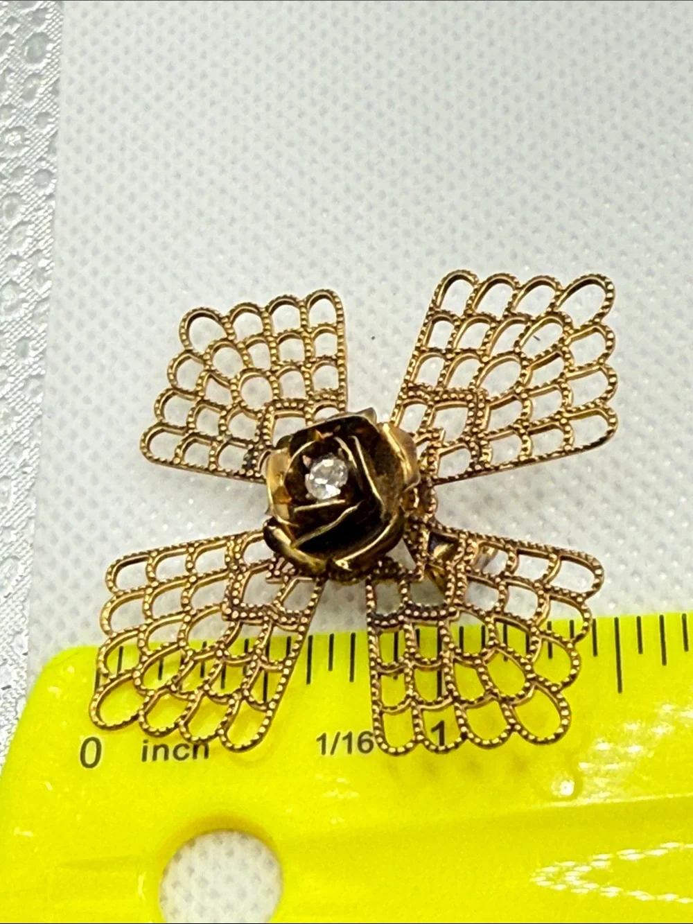 Gold Filigree Floral Brooch with Clear Crystal Center